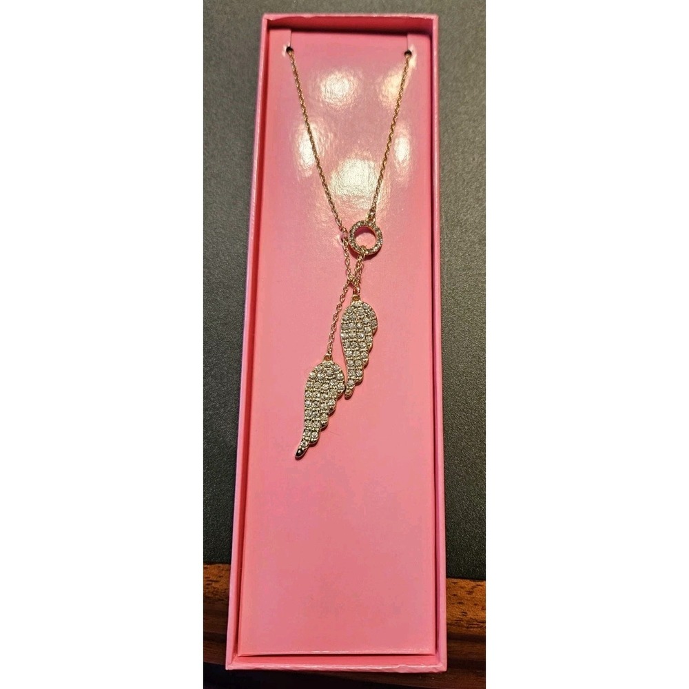 Victoria's Secret Gold Tone Crystal Pave Rhinestone Lariat Angel Wing Necklace - Picture 2 of 3